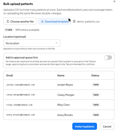 The Bulk upload patients box, with four rows marked Valid and an Invite 4 patients button