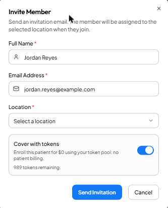 The Invite Member box with Cover with tokens turned on