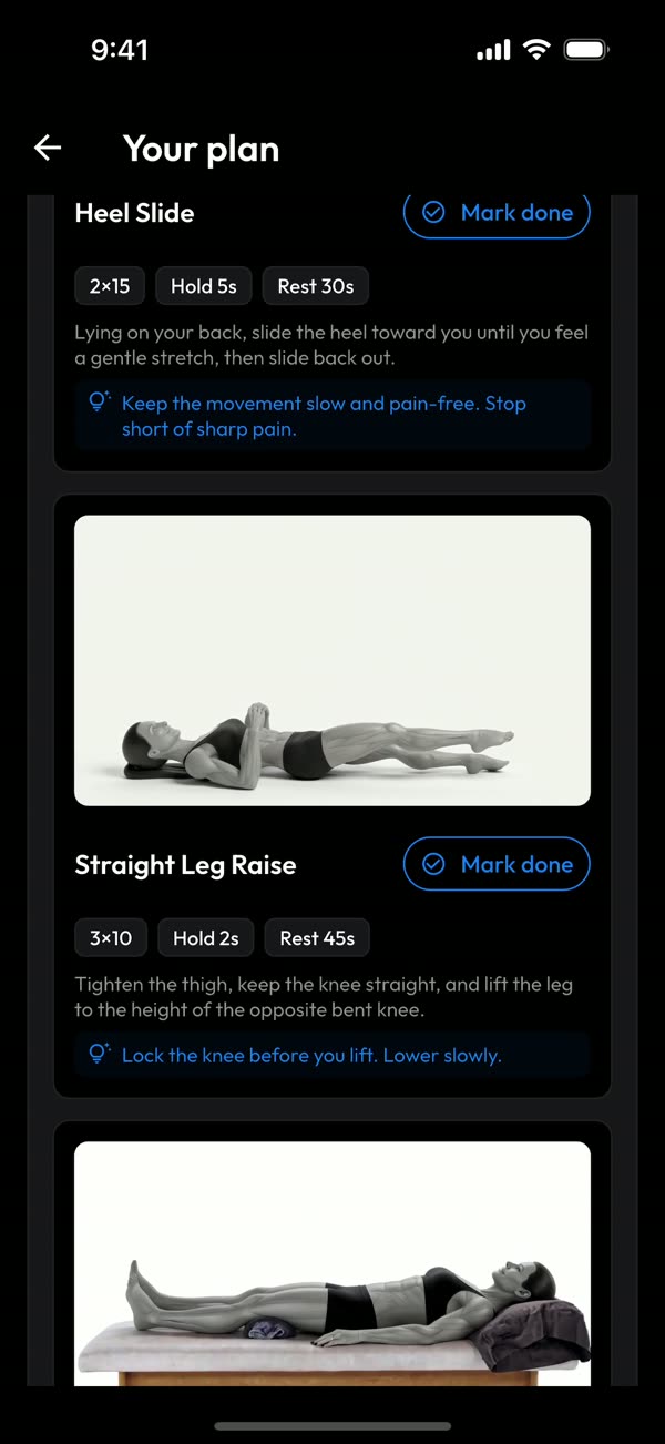 A home program in the Movra app, with a Mark done button on each exercise